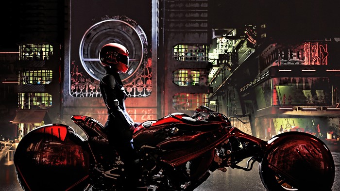 Cyberpunk woman on a futuristic motorcycle in a city at night