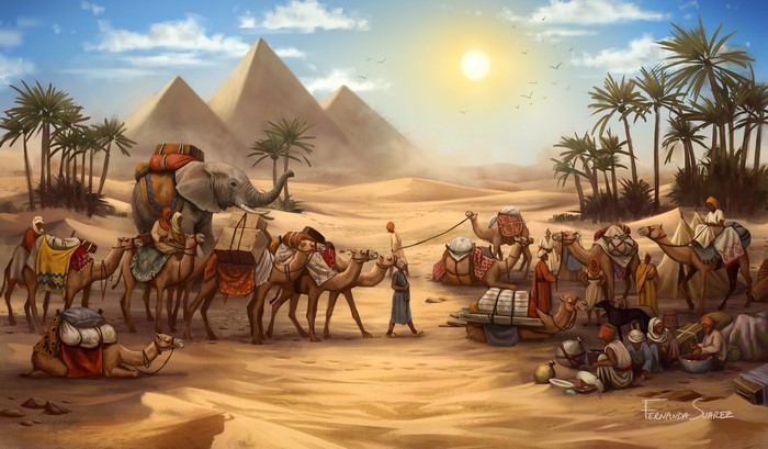 Caravan with elephant and camels near pyramids in desert