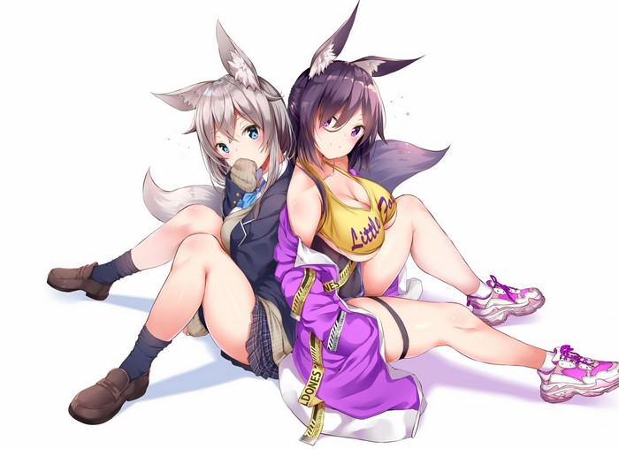Two anime girls with fox ears and tails