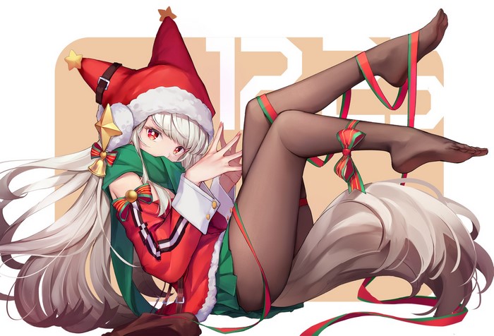 Anime girl in Christmas outfit with white hair