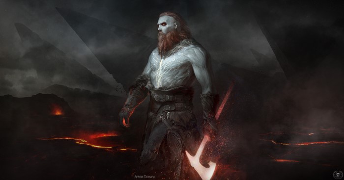 Fantasy Warrior with Axe in Volcanic Landscape