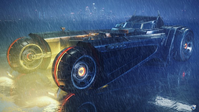 The Batmobile in the rain with a city skyline
