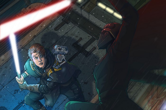 Cal Kestis and BD-1 fighting a Second Sister Inquisitor