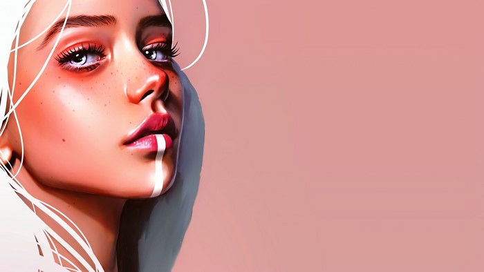 Digital painting of a woman with blue eyes and red lipstick