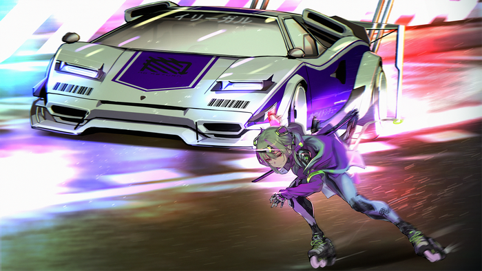 Anime girl rollerblading next to a Lamborghini Countach
