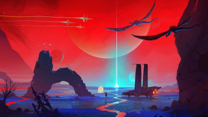 Spaceships and alien creatures on a red planet