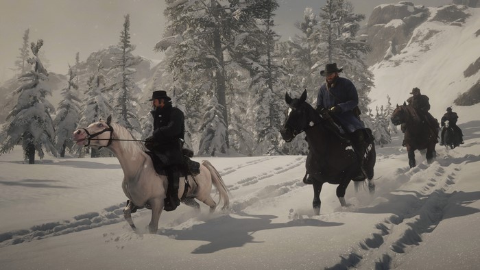 4K Red Dead Redemption 2: Arthur Morgan and companions on horseback in snow