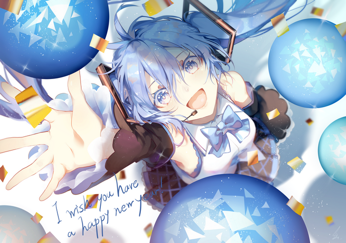 Hatsune Miku with blue balloons and confetti