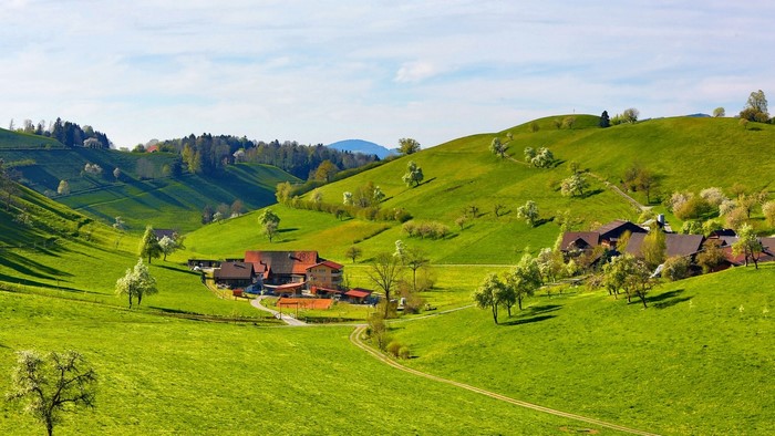 Green rolling hills with farmhouses and trees