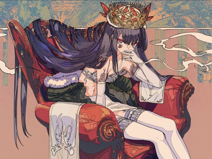 Anime girl with crown sitting on a throne