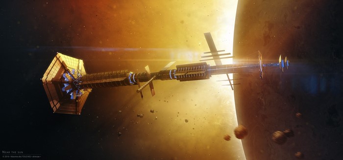 Spaceship near the Sun with asteroids