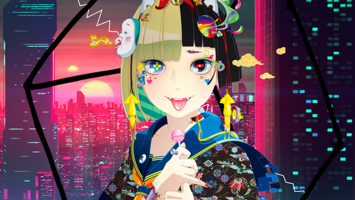Anime girl with lollipop and mask in cyberpunk city
