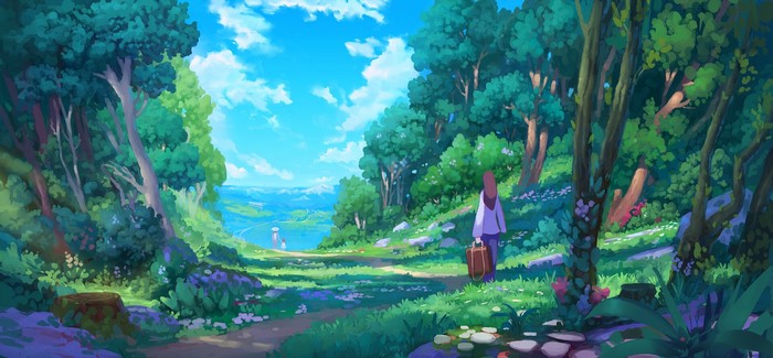 Artwork of a person walking through a fantasy forest