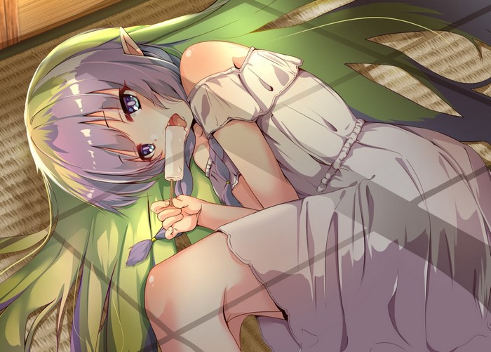 Anime girl with purple hair eating popsicle