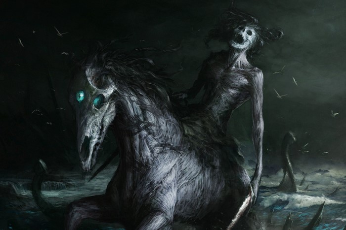 Skeleton Rider on a Horse in a Dark Fantasy Landscape