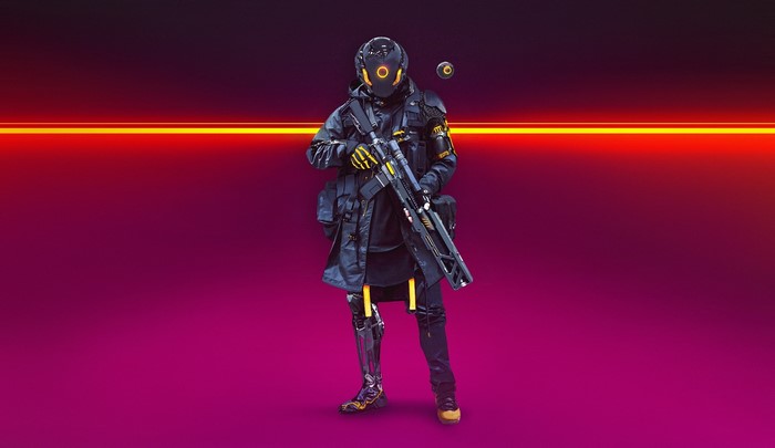 Cyberpunk cyborg soldier with rifle