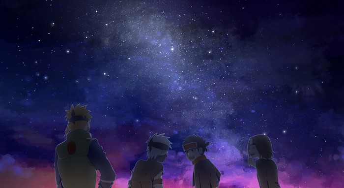 Four anime characters under a starry night sky