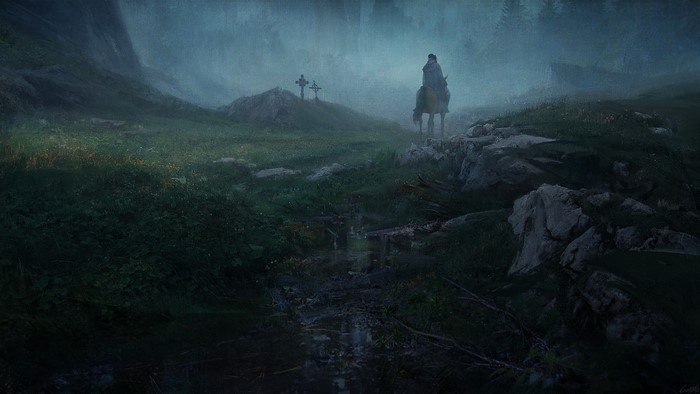 Fantasy landscape with a person on horseback near graves