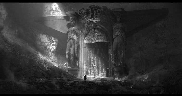 Fantasy art of a man approaching a grand, ancient doorway
