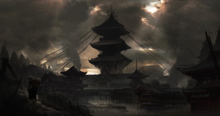 Dark fantasy Japanese temple with a lone traveler