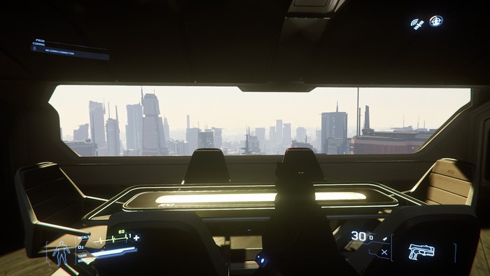 Star Citizen cockpit view of a futuristic city