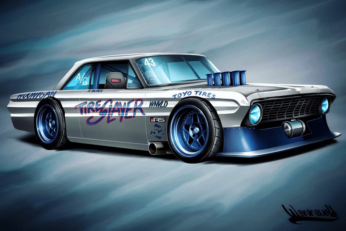 Artwork of a 1964 Ford Falcon "Tire Slayer" race car