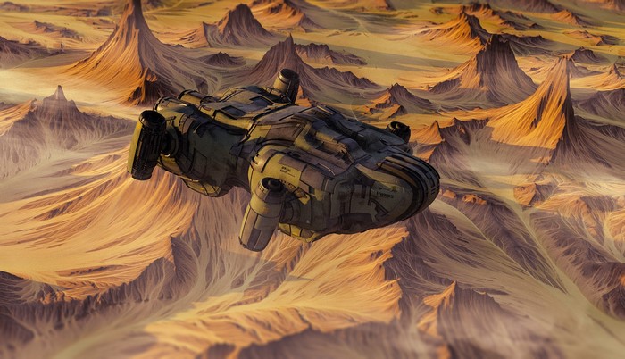 Spaceship flying over alien desert landscape