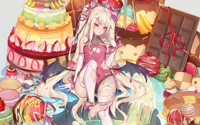 Anime girl with wings surrounded by sweets