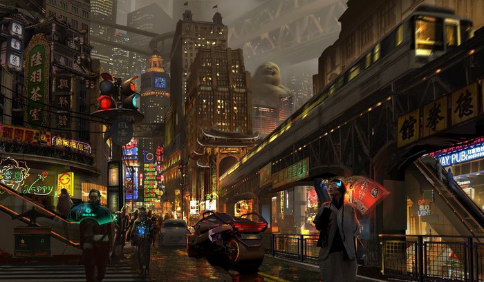 Cyberpunk city street with futuristic train and neon signs