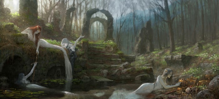 Mermaids in an ancient forest ruin by Artem Demura