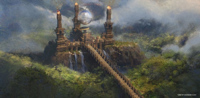 Ancient temple with waterfalls and a glowing orb