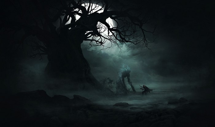 Solomon Kane facing an undead creature under moonlight
