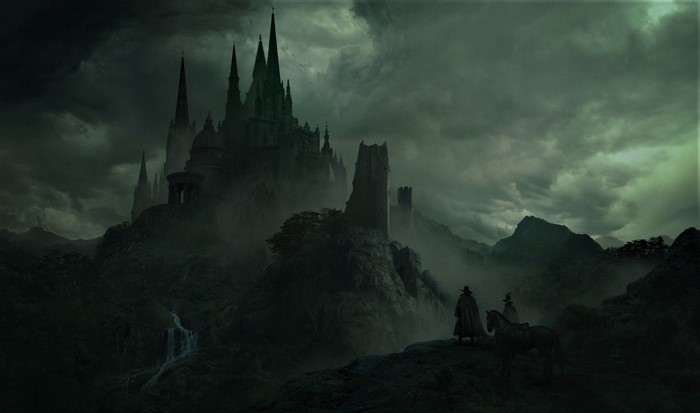 Fantasy castle on a misty mountain with travelers