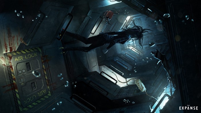 Julie Mao floating in The Expanse airlock