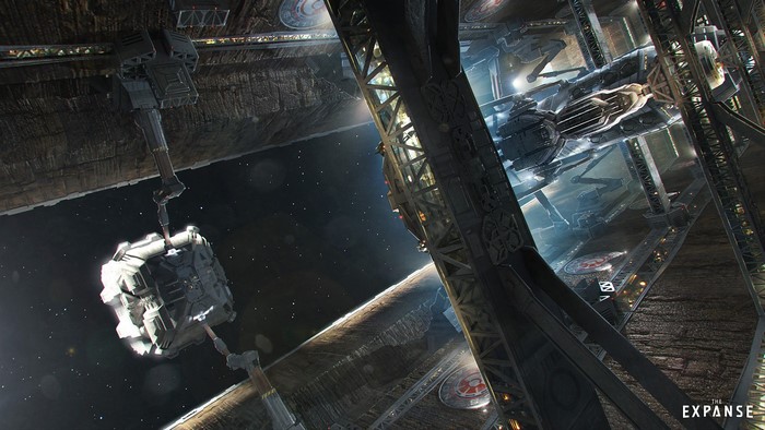 Spaceship docked at a spaceport in The Expanse