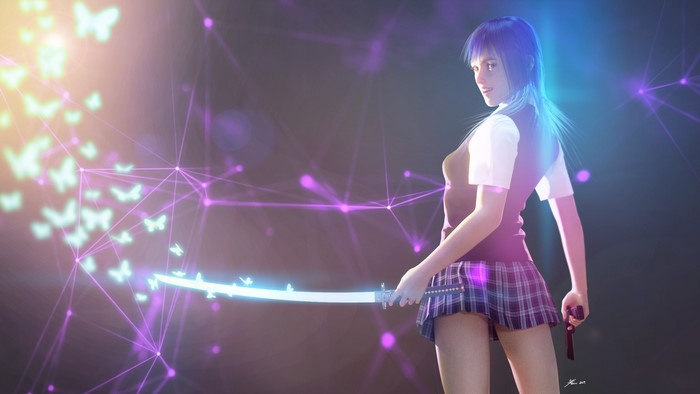 School Uniform Girl with Blue Hair and Katana by Kev-Art
