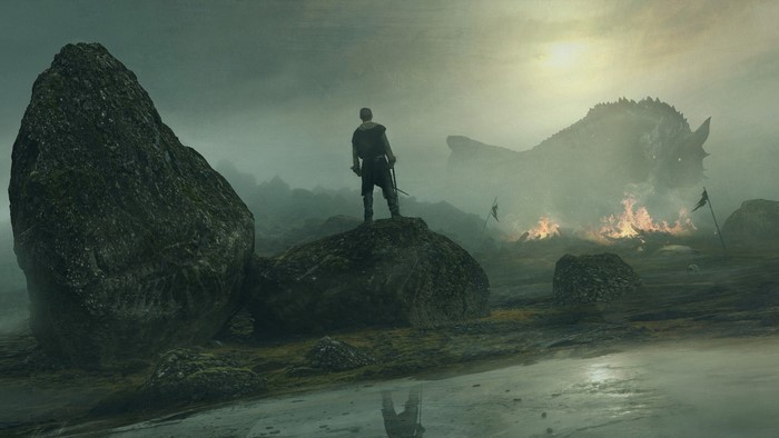 Man faces dragon in a misty, fiery landscape
