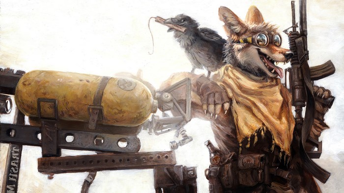 Coyote with crow and gun in a wasteland
