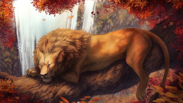 Lion sleeping on a tree branch near a waterfall in autumn