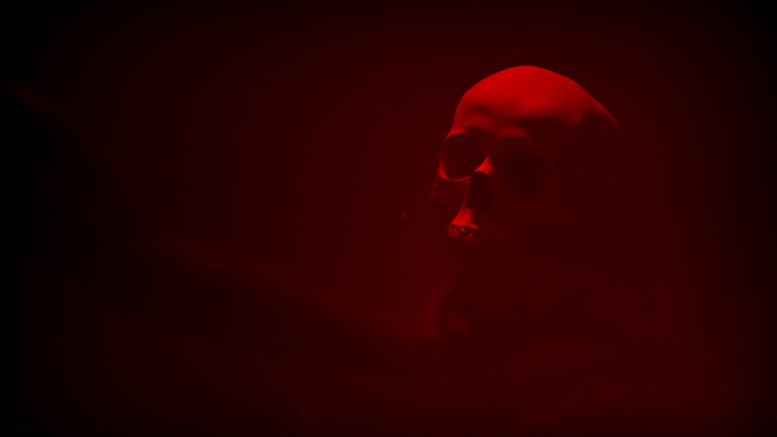 Red light on a skull in mist