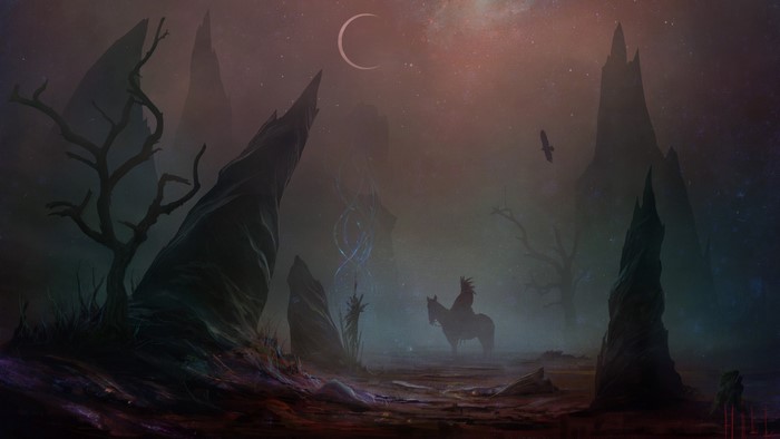 Man on horse in a dark, rocky landscape under a crescent moon