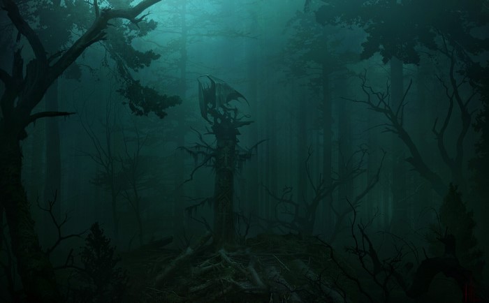 Dark forest with a dragon statue on a dead tree
