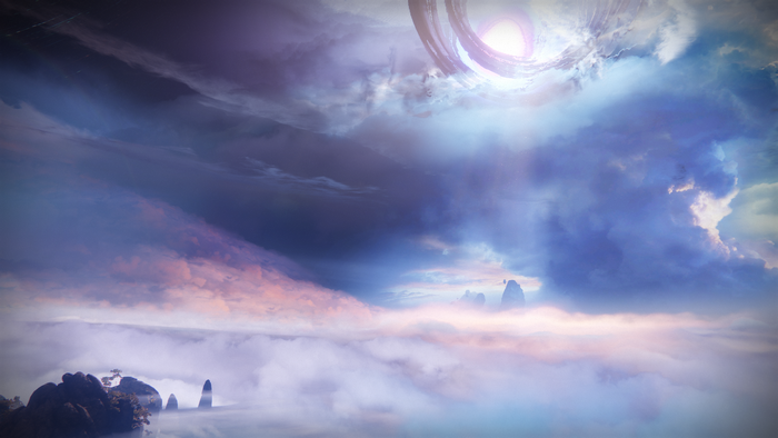 Destiny 2: A celestial anomaly above a misty mountain range