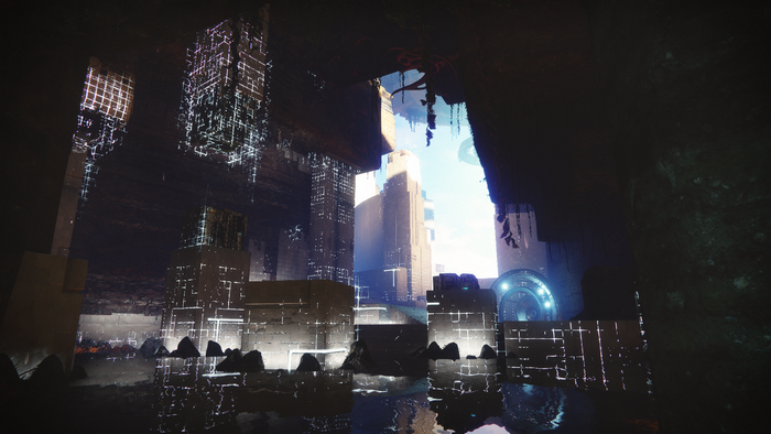 Destiny 2: Futuristic Cityscape with Water Reflections