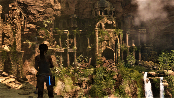 Lara Croft from Tomb Raider in ancient ruins