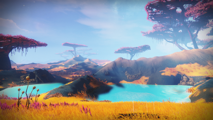 Alien landscape with strange trees and a lake