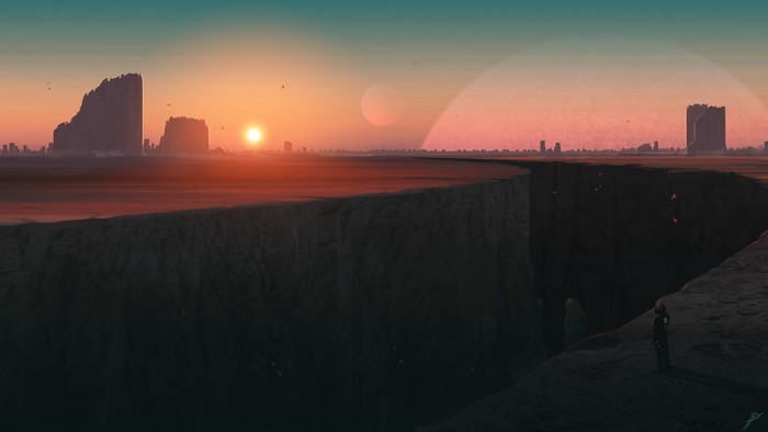 Futuristic canyon landscape with twin moons and sun