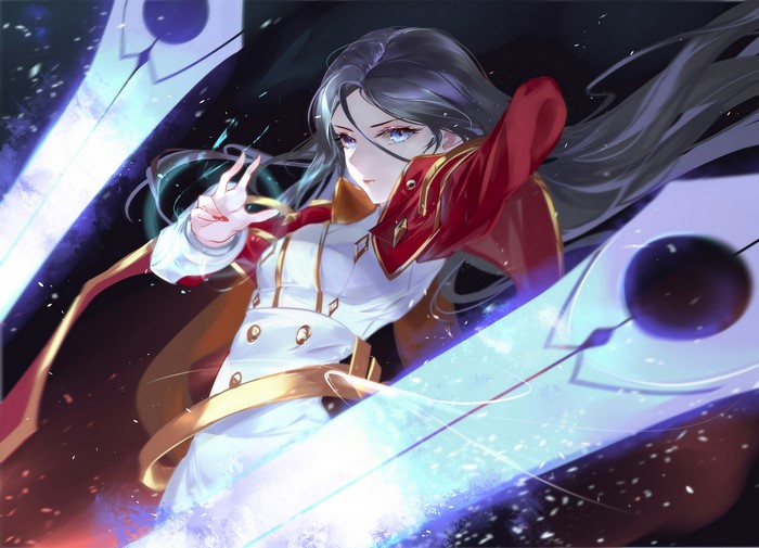 Anime girl with dark hair and red and white uniform
