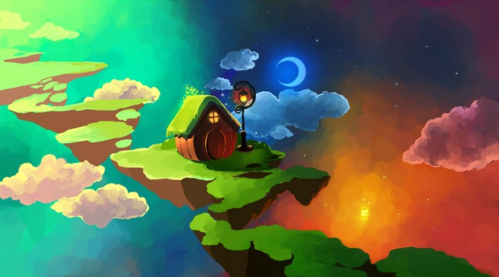 Floating islands with a cottage and a street lamp