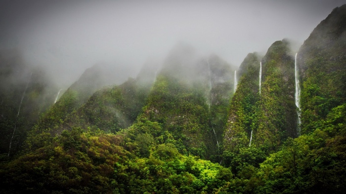 Misty mountains with waterfalls and dense green foliage